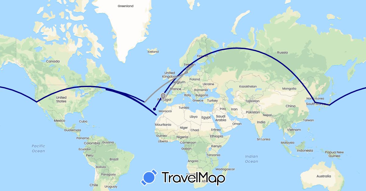 TravelMap itinerary: driving, plane in Canada, Denmark, Spain, Japan, South Korea, Portugal, Sweden, United States (Asia, Europe, North America)